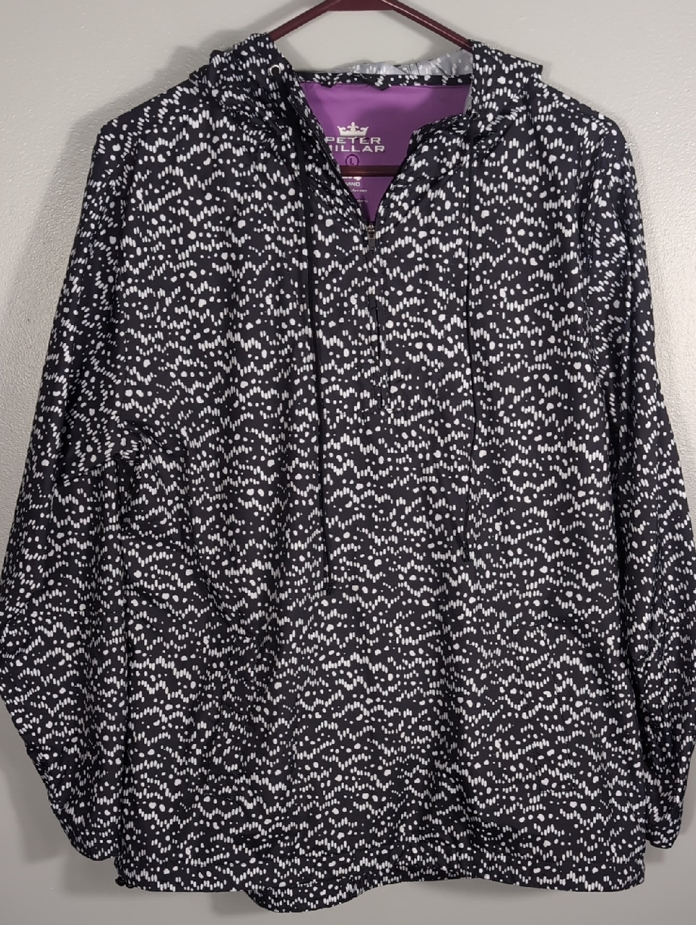PETER MILLAR Black & White Hooded E4 Wind Quarter Zip Pullover Jacket, L.